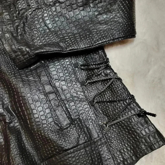 Navarre Croc Embossed Black Buffalo Leather Embroidered Rose Moto Jacket Biker - Picture 4 of 10